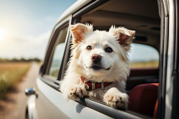 dog in car on the road