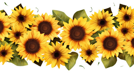 Decorative seamless sunflowers border on white or transparent background, png
