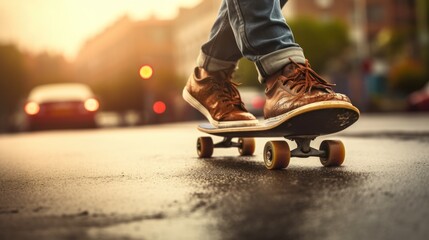Dynamic skateboarding action, close-up on worn shoes, urban lifestyle, asphalt street adventure.