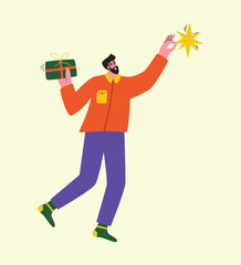 Man with Christmas star and gift. Merry Christmas greeting card. Vector illustration in cartoon style.