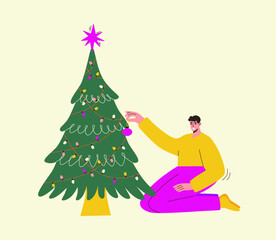 Man decorating Xmas tree. Merry Christmas greeting card. Vector illustration in cartoon style. .