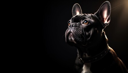 French Bulldog with a pensive look, highlighted in a dramatic spotlight.