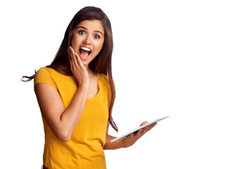 Isolated woman, surprise and shock with tablet for news, announcement and portrait by transparent...