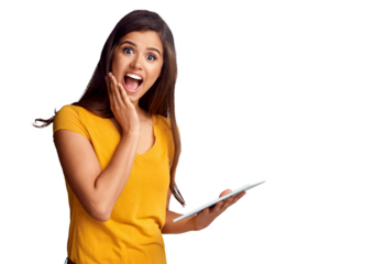 Isolated woman, surprise and shock with tablet for news, announcement and portrait by transparent png background. Girl, social media app and wow on face with smile for gossip, secret sale and winning