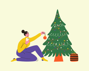 Woman with phone decorates Christmas tree. Merry Christmas greeting card. Vector illustration in cartoon style.