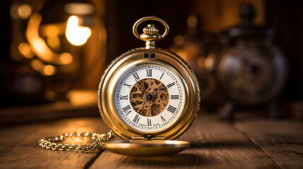 A close-up image of a gold pocket watch