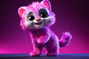 Fototapeta premium 3D art illustration of cute pink fluffy cat in glitter jacket, in pastel colors, pink and violet background. Animation cartoon charecter