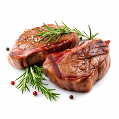 Tasty steaks with rosemary on white background, ai technology