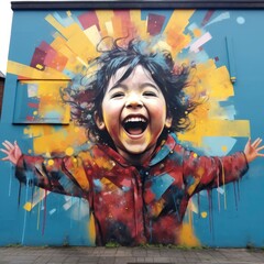 graffiti with happy kid on the wall
