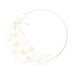 Gold circle tropical frame with Hibiscus flowers. Golden floral frame. Vector design illustration for bunner, wedding card. - 679137709