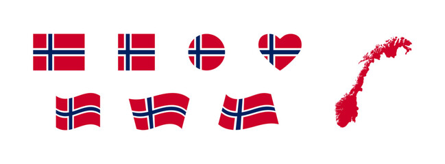 Norway flag set and map. Silhouette and national emblems of a European country. Isolated vector