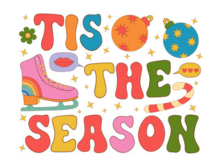 'Tis the season Quotes with skates, Christmas balls, stars, holiday poster, postcard