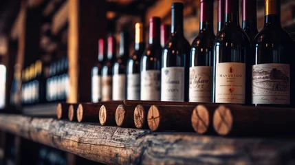 Gordijnen Variety of wine bottles on wooden shelves in an cellar. Vinery concept. Generative AI © AngrySun