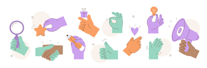 Hand gestures illustrations set. Collections of diverse characters hands waving, handshaking, holding megaphone, pencil and other business objects. Abstract human arms concept. Vector illustration. - obrazy, fototapety, plakaty