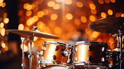 Fototapeta na wymiar Close-up of drums set on festive background. Rock concert concept. Generative AI