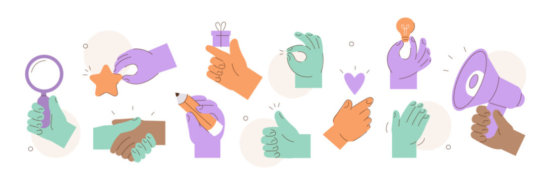 Hand gestures illustrations set. Collections of diverse characters hands waving, handshaking, holding megaphone, pencil and other business objects. Abstract human arms concept. Vector illustration.