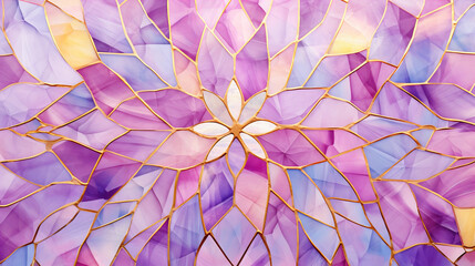 kaleidoscope shiny glass or stone mosaic pattern in pastel purple, pink and gold colors for...