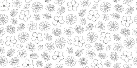 Linear groovy floral and herbal seamless pattern. Line art botanical flowers. Summer and spring garden. Doodles. Coloring book. Background, wrapping paper, digital paper.