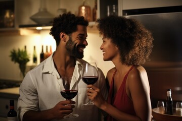 Domestic Delight: Couple Drinking Wine While Preparing Vegetables in Kitchen - obrazy, fototapety, plakaty