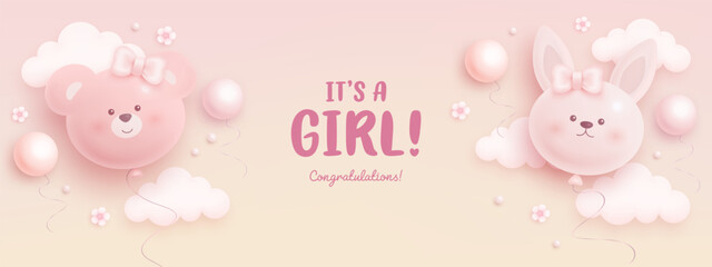 Baby shower horizontal banner with cartoon bear, bunny, helium balloons and flowers on pink background. It's a girl. Vector illustration