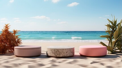 Fototapeta na wymiar Modern pink podium overlooking the sea with floral arrangement.