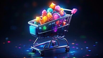 Illustration of Shopping carts with colorful elements in neon color on dark blue background