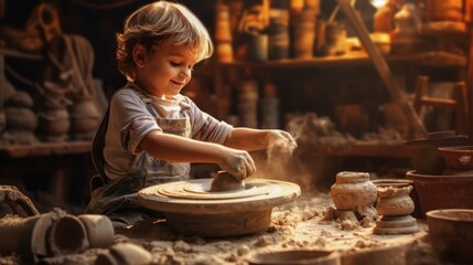 A creative blond child with hands covered with clay sculpts a cup from clay in an old workshop against the background of shelves with ceramics. - obrazy, fototapety, plakaty