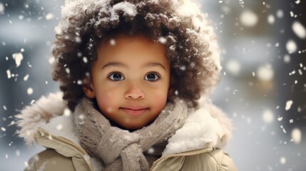 Charming girl with dark skin and curly hair with a scarf smiles looking forward as the snow falls
