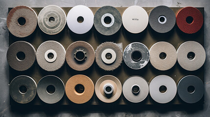 A collection of different types of grinding wheels