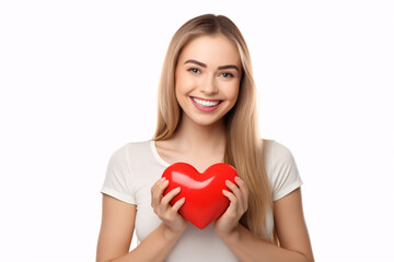 European cheerful girl with blonde hair holding red heart.