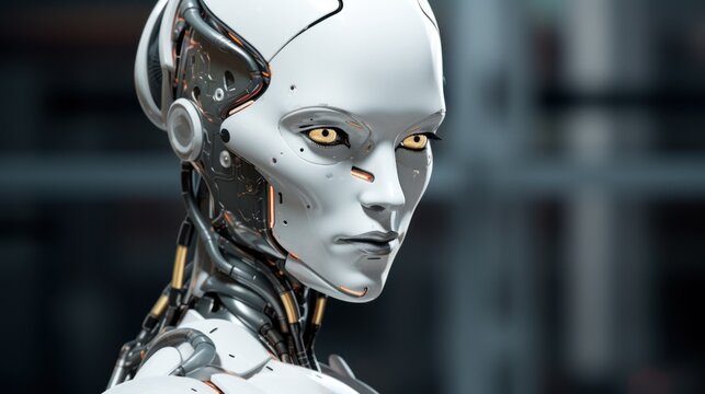 Close-up photo of the head of a humanoid robot with feminine white facial features with artificial intelligence on a dark background