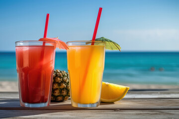 Fototapeta premium Fresh fruit cocktail, served on a wooden table on the beach. Generative AI.