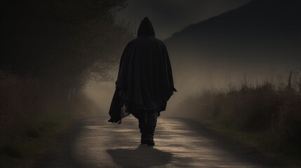 silhouette of dark man wearing hood walking on rural road - Powered by Adobe