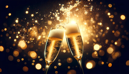 new year  celebreate golden cheers to the timeless moments of joy-a toast captured in a cascade of sparkles - obrazy, fototapety, plakaty