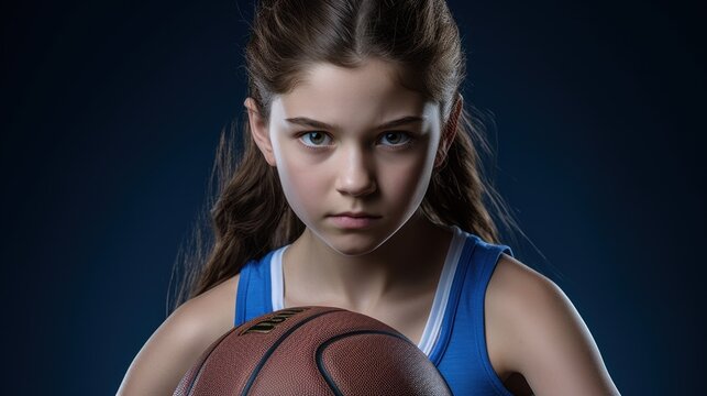 Portrait of young female basketball player with basketball sword in hand looking confidently at camera