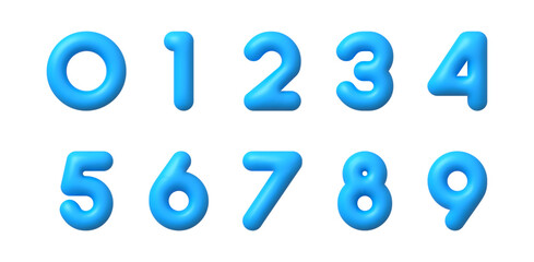 3d blue numbers. Realistic light blue plastic digits render, inflated bubble business symbols 10 number from 0 to 9 for banner anniversary isolated vector set - obrazy, fototapety, plakaty