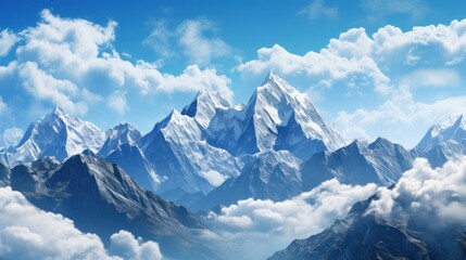 Photo of snow-covered cliffs under a blue sky with white clouds - obrazy, fototapety, plakaty