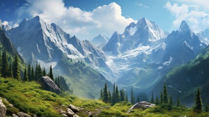 Majestic snow-capped mountains rise above lush green valley and forest - obrazy, fototapety, plakaty