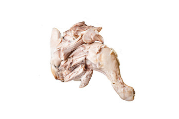 Boiled chicken leg thigh on a wooden board with herbs.  Transparent background. Isolated.