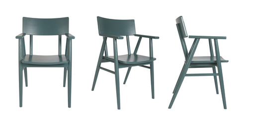 Set of three emerald color wooden chairs in different view angles over white