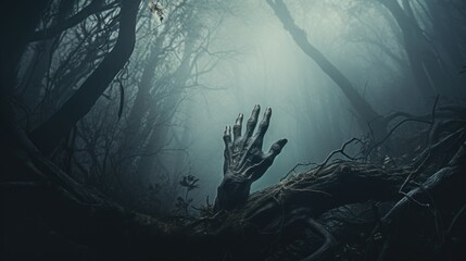 A lone hand reaches out from the darkness, beckoning you into the forest of the undead