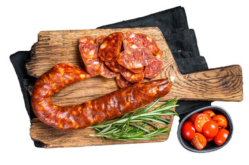 Dry cured Spanish Chorizo sausage, slices of meat with herbs and spices.  Transparent background....