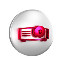Red Presentation, movie, film, media projector icon isolated on transparent background. Silver circle button.