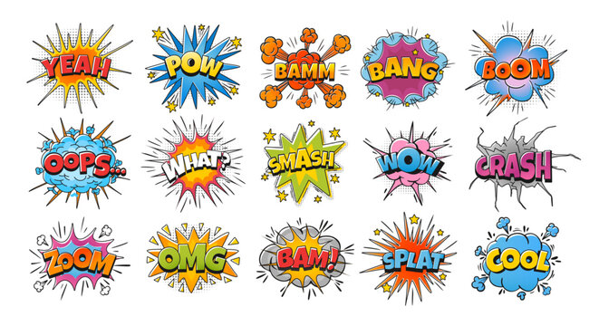 Comic bubble sign. Cartoon colorful burst clouds, comics explosion speech bubbles. Boom dialogue frame, bang effect with text for pop art comics book, isolated vector set
