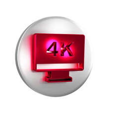 Red Screen tv with 4k Ultra HD video technology icon isolated on transparent background. Silver circle button.