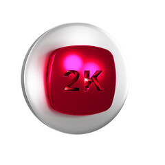 Red 2k Ultra HD icon isolated on transparent background. Silver circle button.