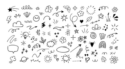 Doodle line elements. Hand drawn pen design decorations. Simple cartoon sketch symbols heart, arrow, sparkle, star, glitter, flowers, isolated on white background vector set - obrazy, fototapety, plakaty