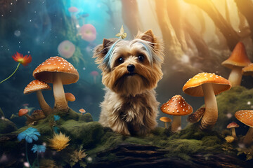 A fantasy magic dog in a fairy-tale wonderland forest. Artistic abstract cute animal.