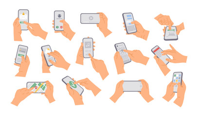 Human hands holding smartphone. Cartoon people using phone, receiving text, buying by card, click button, scrolling mobile phone, listening music, watching video, vector set