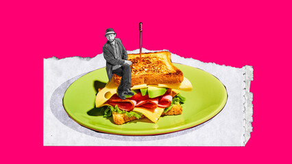 Man in retro clothes sitting on delicious sandwich with vegetables, ham and cheese against pink background. Contemporary artwork. Concept of food, creativity, imagination, surrealism, pop art style